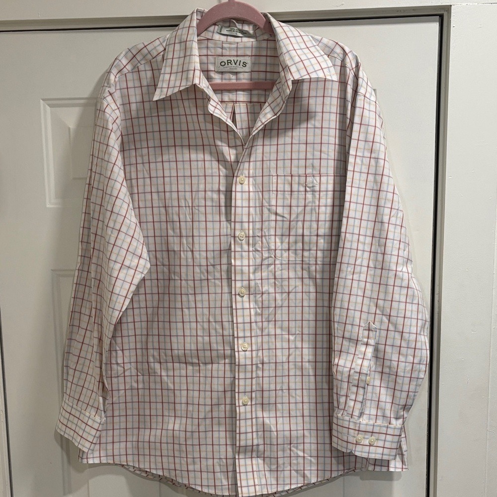Orvis Men's Red and White Plaid Shirt Size L